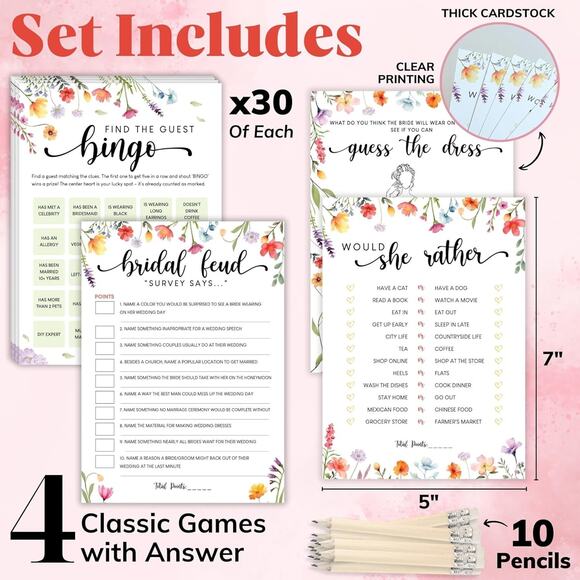 Bridal Shower Games – Set for 30 Guests – 4 Funny Floral Wedding Shower Games - Picture 2 of 5
